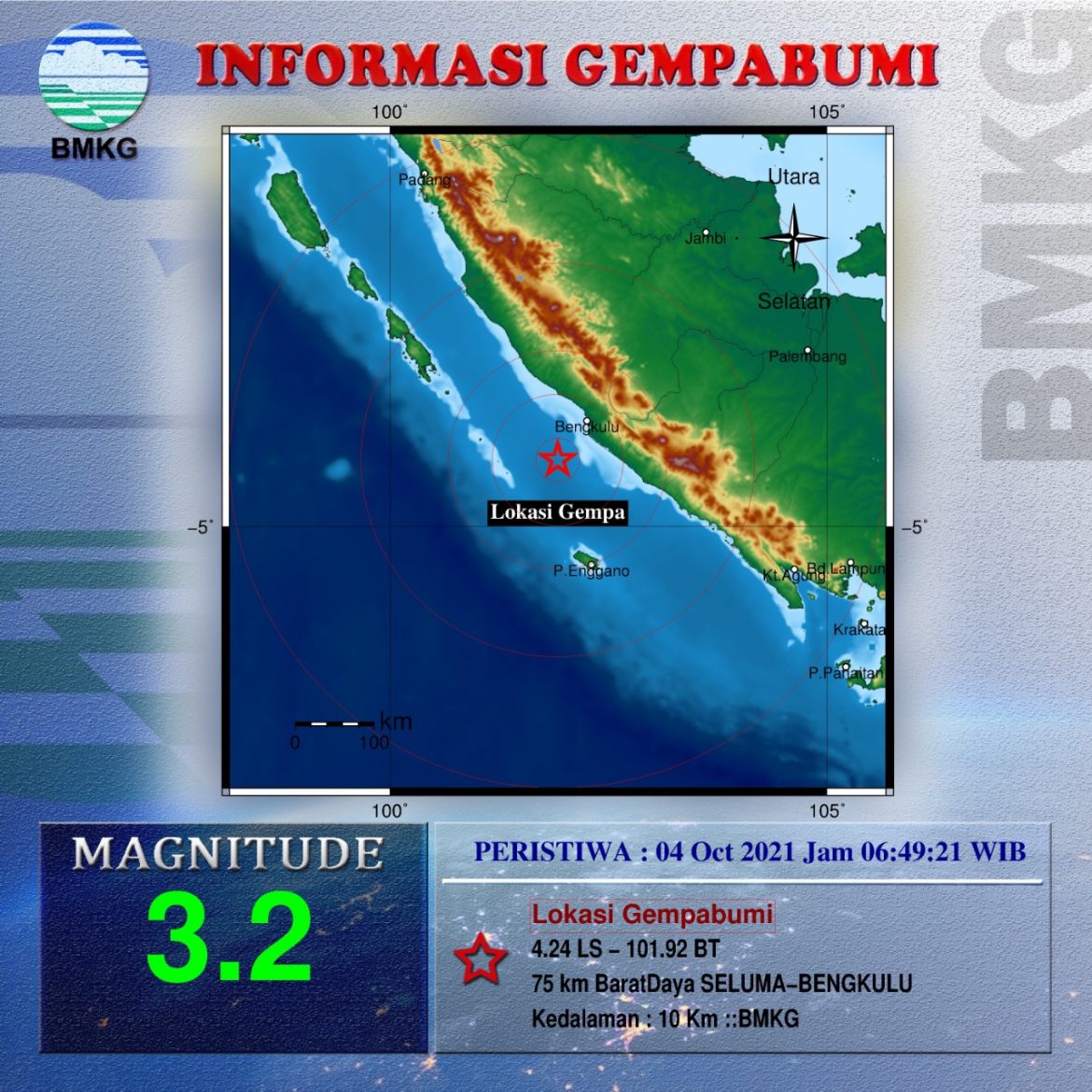 Gempa M 3.2 Guncang Bengkulu Pagi Ini